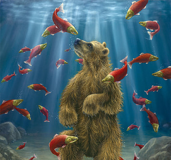 Underwater, water, blue, art, urs, robert bissell, summer, painting, bear, fantasy, pesti, pictura, fish, vara HD wallpaper