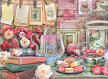 :), stuff, macarons, teapot, cookies, blue, roses, art, book, pink, painting, flower, pictura HD wallpaper