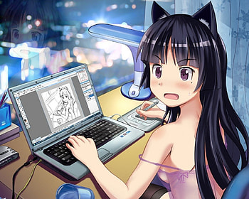 Art off Gaurd, nekomimi, cute, long hair, digital, artist, laptop, female, sexy, art, neko mimi, hot, girl, black hair, anime girl, neko, anime, computer HD wallpaper