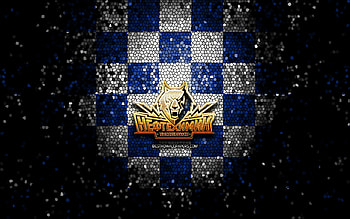 Neftekhimik Nizhnekamsk, glitter logo, KHL, blue white checkered background, hockey, Kontinental Hockey League, Neftekhimik Nizhnekamsk logo, mosaic art, russian hockey team, HC Neftekhimik Nizhnekamsk HD wallpaper