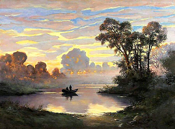 Sokolov Yuriy.Na sunset, boat, sokolov yuriy, painting, art, lake, sunset, tree HD wallpaper