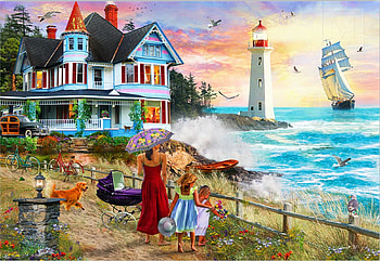 Picking Wildflowers, artwork, dog, sea, lighthouse, coast, cottage, sailboat, people, digital HD wallpaper