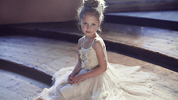 Cute Little Girl Is Sitting On Steps Wearing White Dress Cute HD wallpaper