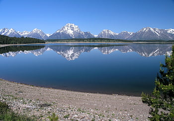 Stunning reflection of snow-capped mountains in a tranquil lake. HD wallpaper