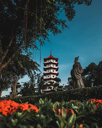 Flowers, Trees, Bush, Building, Miscellanea, Miscellaneous, Pagoda, Statue HD phone wallpaper