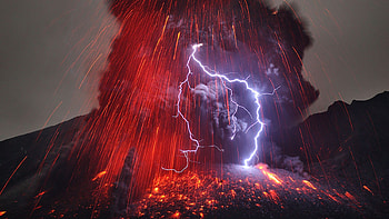 wow volcano, lightning, volcano, nature, mountain HD wallpaper