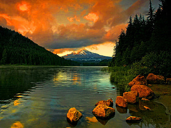 Mountain un the distance, river, dusk, dark, stones, lake, distance, emerald, reflection, green, clouds, nature, sky, water HD wallpaper