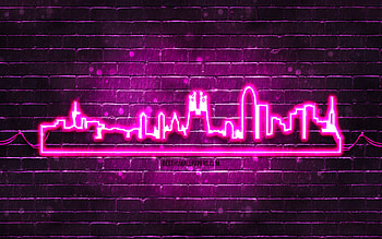 Barcelona purple neon silhouette, , purple neon lights, Barcelona skyline silhouette, purple brickwall, spanish cities, neon skyline silhouettes, Spain, Barcelona silhouette, Barcelona HD wallpaper