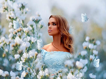 Delicate Baby Blue, delicate, white, brown, green, baby blue, girl, flowers, pastel, soft, butterflies HD wallpaper