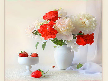 Sweetness, white, peonies, strawberries, red, vase HD wallpaper