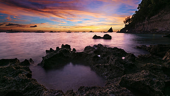 Coastal Sunset, coastal, clouds, seascape, nature, rocks, sunset, sunrise HD wallpaper