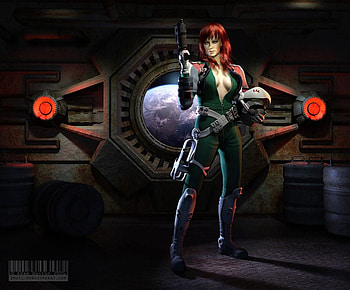 space woman, space, gun, green, woman HD wallpaper