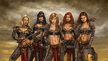 five warriors, women, fantasy, art, warriors HD wallpaper