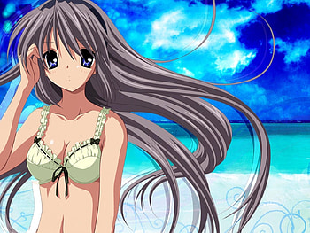Sakagami Tomoyo, horizon, sand, glow, clannad, beach, swimsuit, tomoyo, water, ocean, sexy, sea, hot, girl, bikini, gray hair, anime girl, anime, clouds, sky HD wallpaper