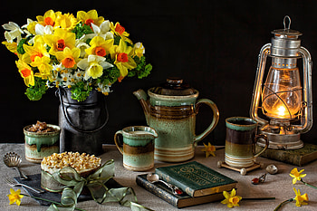 Still life, Lamp, Dishes, Daffodils, Books, Cake HD wallpaper