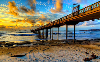 OCEAN BRIDGE, Sea, San Diego, pier, beach, wharf, Coast, clouds, nature, sky, California HD wallpaper