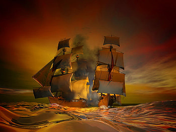 A ship in rough sea, sea, ship, rough, dark, darkness, waves, red, clouds, sky HD wallpaper