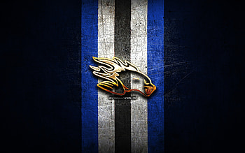 Saint John Sea Dogs, golden logo, QMJHL, blue metal background, canadian hockey team, Saint John Sea Dogs logo, hockey HD wallpaper