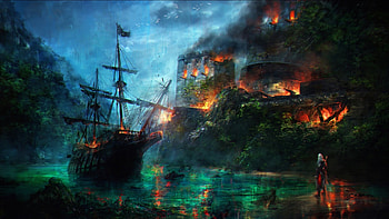Assassins Creed IV Black Flag, blue, ship, fantays, art, coast, man, assassins creed, orange, dark, green, black flag, IV, game, luminos, water, fire HD wallpaper
