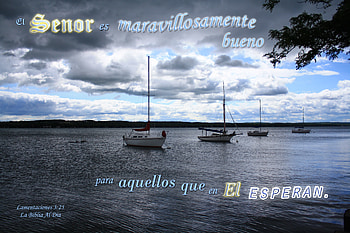 El Senor es Bueno para Aquellos que Esperan, lake, sailboats, boats, clouds, sky, Bible, water HD wallpaper