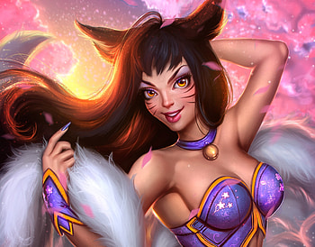 Ahri, blue, frumusete, ayyasap, girl, purple, pink, fantasy, luminos, nine tails HD wallpaper