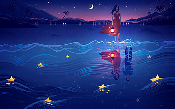 Dreaming about Love, night, man, Moon, girl, lantern, stars, water HD wallpaper