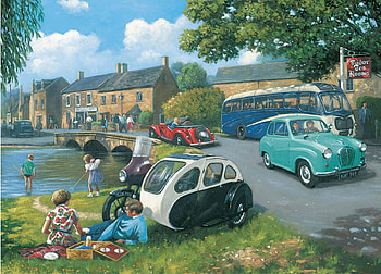 A Day Out, river, tea room, car, bridge, sidecar, bus, motorbike HD wallpaper