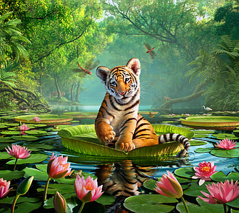 Tiger lily, blue, cub, tiger, art, lily, lake, summer, pink, oprange, fantasy, green, tigru, luminos, water, lotus HD wallpaper