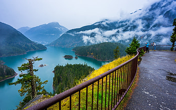 Diablo Lake Overlook, North Cascades National Park, Washington, fence, trees, road, mountains, usa HD wallpaper