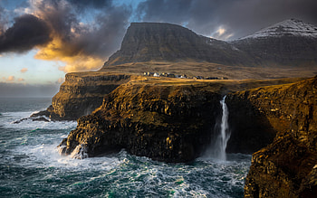 Faroe Islands, evening, sunset, coast, Faroes, waterfall, village, North Atlantic archipelago HD wallpaper