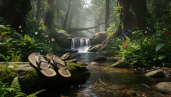 Misty Forest Retreat — Flip‑Flops by the Waterfall ( U ), Flip Flops, Waterfall, Forest, Sandal HD wallpaper