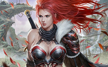 Redhead beauty, white, black, sword, girl, beauty, armor, woman, wind, fantasy, battle, fighter, autumn, amazon, redhead, warrior HD wallpaper