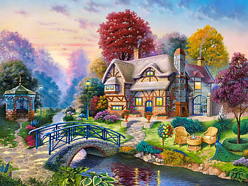 In countryside, river, lakeshore, creek, peaceful, serenity, shore, painting, trees, calm, house, grass, lake, cabin, summer, bridge, clouds, sky, flowers, cottage, riverbank, village, countryside, stream HD wallpaper