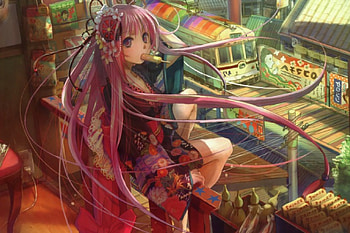 the shop, kimono, yukata, cute, long hair, scenery, scenic, bus, female, sexy, scene, house, hot, girl, traansport, train, pink hair, ice cream, anime girl, shop, anime, vehicle, building, view HD wallpaper