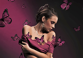 ღ, butterflies, model, brunette, brunette model, dress HD wallpaper