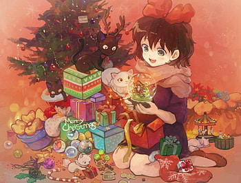 Merry Christmas!, animal, toy, girl, cat, gift, tree, anime, box, ball, christmas, red, manga, child, bow HD wallpaper