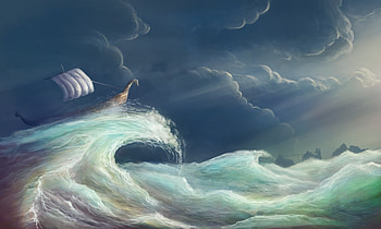 Storm, blue, sea, ship, art, summer, fantasy, luminos, vara, wave HD wallpaper