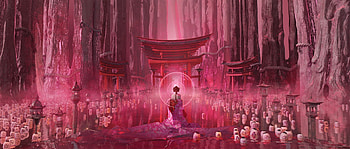 Torii, lights, tehu, girl, queen, te hu, pink, candle, fantasy, cave, luminos HD wallpaper