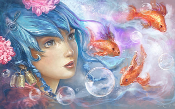 Mermaid, blue, art, girl, orange, woman, pink, fantasy, fish, bubbles, water HD wallpaper