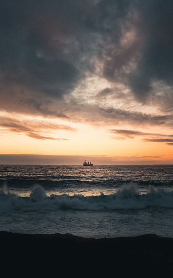 Nature, Sunset, Sea, Waves, Horizon, Ship HD phone wallpaper