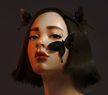 Black butterfly, luminos, girl, frumusete, art, brunette, fluture, gorgeous, superb, butterfly, peter xiao, red, face, lips HD wallpaper