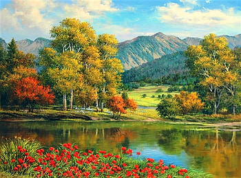 summer lake - painting, flowers, art, painting, lake HD wallpaper