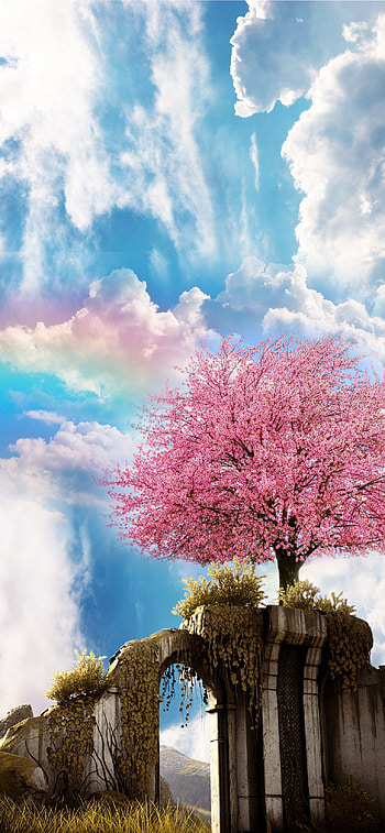 cherry ruin, sky, fantasy, day HD phone wallpaper