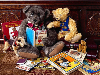 Teddy bears reading, bears, book, toys, teddy, cute HD wallpaper
