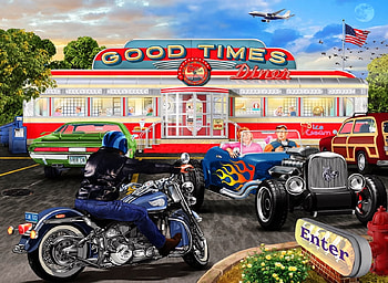 The Good Times Diner, motorbike, painting, moon, airplane, diner, flag, hot rod HD wallpaper