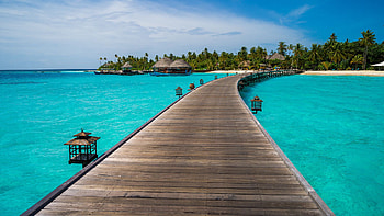 Wood Dock Between Ocean Water Pier Tropics Huts Green Trees Island Under Blue Sky Nature HD wallpaper
