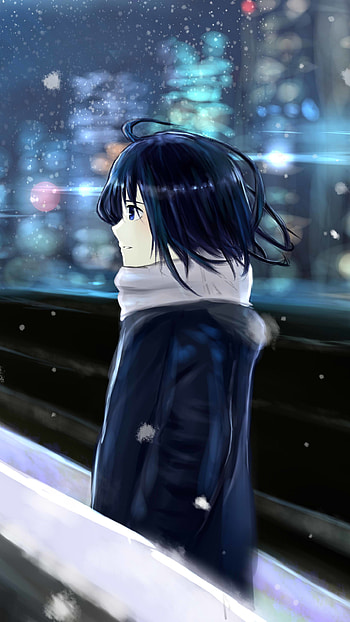 scarf, light, night, city, snow, Anime, Original, anime night, anime city, night snow HD phone wallpaper