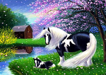 Sweet Little Foal, artwork, river, barn, horse, painting, meadow, flowers HD wallpaper