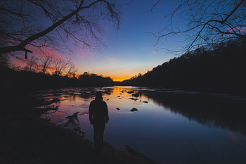 Rivers, Trees, Sky, Dark, Silhouette, Human, Person, Loneliness, Harmony HD wallpaper