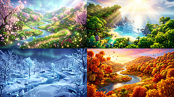 Four Seasons Panorama —, Landscape, River, Forest HD wallpaper